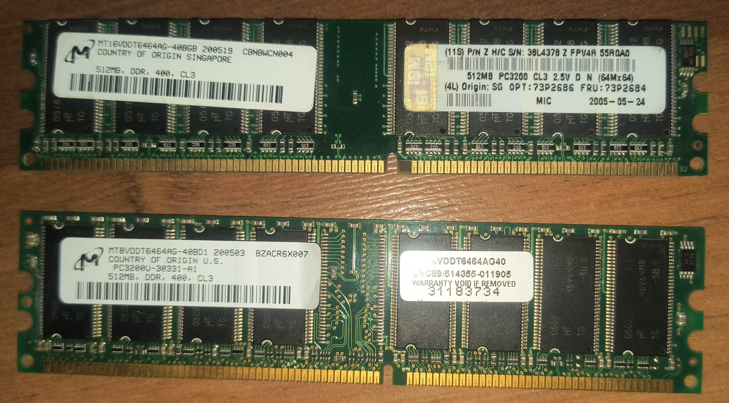Lot of 2x 512MB DDR-400 PC3200 Memory Modules from Micron