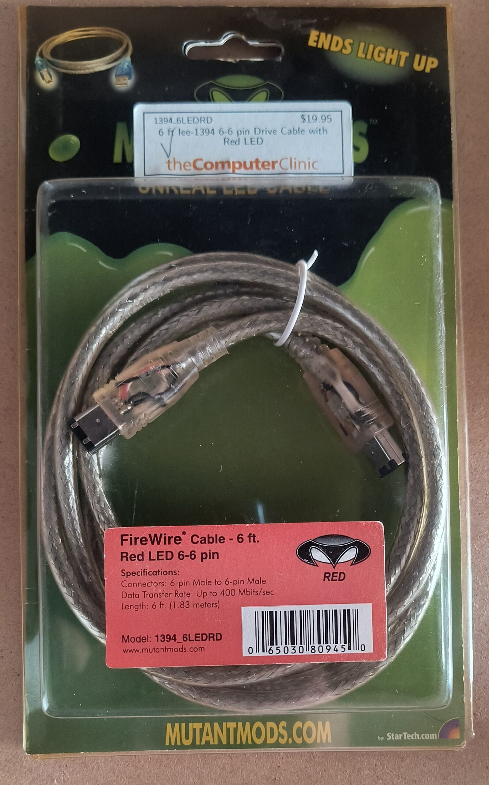 Mutant Mods FireWire IEEE 1394 6 ft 6-Pin to 6-Pin Cable with Red LED