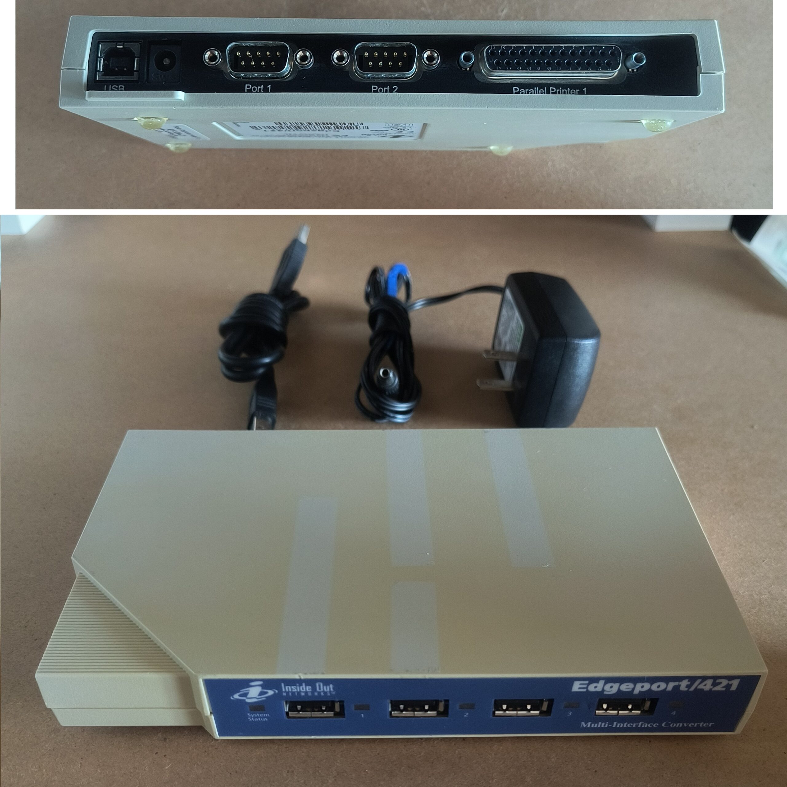 Connect RS-232 DB9 serial devices and DB25 parallel printer port devices with Inside Out Networks Edgeport/421 USB hub